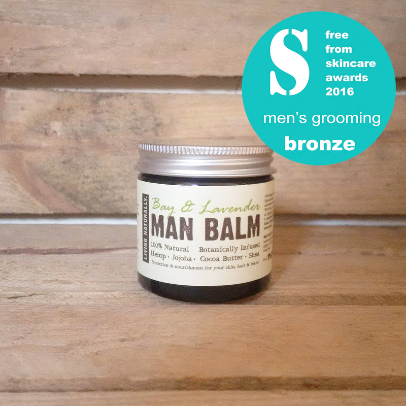 award winning skincare vegan organic preservative free man balm moisturiser and beard balm made with organic soapnut extract and organic wild crafted herbs