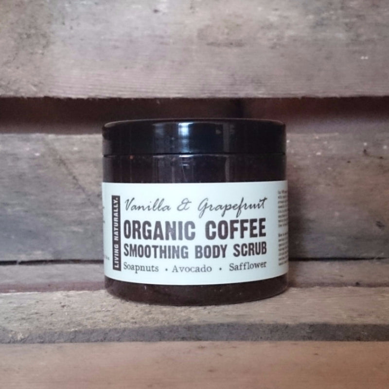 organic vanilla and grapefruit coffee body scrub by living naturally vegan cruelty free
