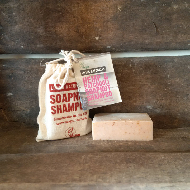 hemp and patchouli soapnut solid shampoo bar no poo vegan zero waste sls free palm oil free ethical handmade
